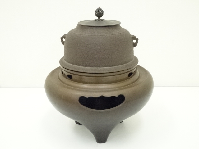 未使用 茶道具 釜師 佐藤清光造 唐銅朝鮮風炉釜 野々田電熱器